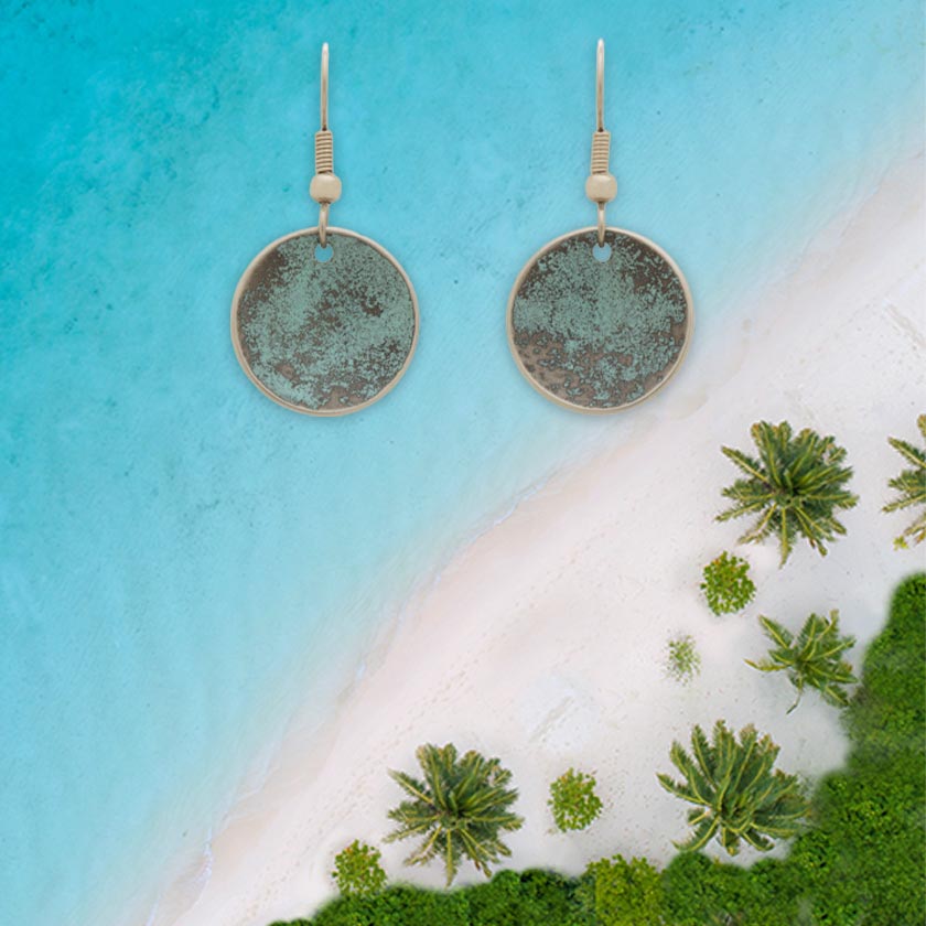 Reef Patina Earrings  on tropical beach In Zen Jewelry